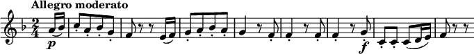  { \relative a' { \key f \major \time 2/4
\tempo "Allegro moderato"
\tempo 4 = 110
\partial 8 a16( \p bes) | c8-.[ a-. bes-. g-.] | f8 r r e16( f) | g8-.[ a-. bes-. a-.] |
g4 r8 f-. | f4-. r 8 f-. | f4-. r 8 g-. \f | c,8-. c-. c( d16 e) | f8 r r
}}