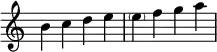 {
\override Score.TimeSignature #'stencil = ##f
\relative c'' {
\time 4/4
b c d e \parenthesize e f g a
} }