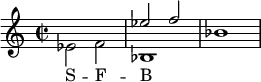 \header{ title = "SFB" }

% https://www.intervalsignals.net/sounds/ger-z-sfb_rvd_1975.mp3
<<
<<{\time 2/2 s1 es''2 f'' bes'1}\\{es'2 f' bes1*3/2}>>
\new Lyrics \lyricsto "2"{S -- F -- B}
>>
\midi{\tempo 2=54 \set Staff.midiInstrument = "electric guitar (jazz)"}
