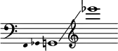  {
    \new Staff \with { \omit Score.TimeSignature }
    \key c \major \cadenzaOn
    \clef bass \omit Stem \grace { f,4 ges, }
    g,1 \glissando \clef treble ees'''
} 