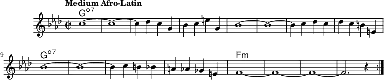 
\version "2.22.0"

\header { tagline = "" }

global = {
  \time 2/2
  \key f \minor
  \set Score.tempoHideNote = ##t
  \tempo "Medium Afro-Latin" 4=143
  \set chordChanges = ##t
}

chordNames = \transpose c c, \chordmode {
  \global
  \repeat volta 2 {
    \repeat unfold 12 { g1:dim7 | }
    \repeat unfold 4 { f1:min | }
  }
}

melody = \relative c'' {
  \repeat volta 2 {
    c1~ |
    c1~ |
    c4 des c g |
    bes c e g, |
    bes1~ |
    bes1~ |
    bes4 c des c |
    des c b e, |
    bes'1~ |
    bes1~ |
    bes4 c b bes |
    a as ges e |
    f1~ |
    f1~ |
    f1~ |
    f2. r4 |
  }
}

\score {
  <<
    \new ChordNames \chordNames
    \new Staff {
      \global
      \melody
    }
  >>
  \layout { }
}

\score {
  \unfoldRepeats
  <<
    \new ChordNames \chordNames
    \new Staff {
      \global
      \melody
    }
  >>
  \midi { }
}
