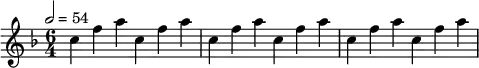 {\clef treble \key f \major \tempo 2=54 \time 6/4 {c'' f'' a'' c'' f'' a'' c'' f'' a'' c'' f'' a'' c'' f'' a'' c'' f'' a'' }}