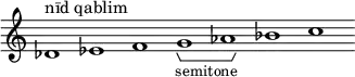 \new Staff \with { \consists Horizontal_bracket_engraver \remove "Time_signature_engraver" \remove "Bar_engraver" }
\relative c' {
des1^"nīd qablim" es f g-\tweak HorizontalBracketText.text "semitone"\startGroup as\stopGroup bes c }