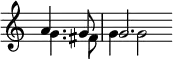 
\fixed c' {
  \omit Staff.TimeSignature
  \partial 2 << { a4. g8 2. } \\ { g4. fis8 g4 2 } >>
}
