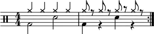 \version "2.16.2"
\header { tagline = ##f}
\score {
<<
\drums \with {midiInstrument = "drums"} \with { \numericTimeSignature } {
\repeat volta 1 {
<<{cymra4 cymra cymra cymra}\\{bd2 sne2}>>
<<{cymra8 r cymra r cymra r cymra r}\\{bd4 r sne4 r}>>\break
}}
>>
\layout {indent=0}
\midi { \tempo 4 = 100 }
}