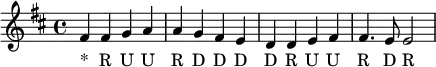 
\relative c' { \key d \major
 \set Staff.midiInstrument = #"cello"
 fis4 fis g a a g fis e d d e fis fis4. e8 e2 }
\addlyrics { "*" R U U R D D D D R U U R D R }
