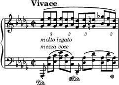 
\new PianoStaff <<
\new Staff = "Up" \with { \magnifyStaff #3/4 } <<
\new Voice \relative c' {
\clef treble
\key des \major
\tempo "Vivace"
\set Score.tempoHideNote = ##t \tempo 2 = 69

\time 2/2
\tupletSpan 4
\stemUp
\override TupletNumber.Y-offset = #-3
\override TupletNumber.X-offset = #3
\tuplet 3/2 {<ges' ees'>8_\markup{\italic molto \italic legato}^([<aes f'> <ges ees'>] <aes f'> <ges ees'> <aes f'> <f des'> [<ges ees'> <g e'>] <bes ges'!> <aes f'> <f des'>)}
}
>>
\new Staff = "Down" \with { \magnifyStaff #3/4 } <<
\new Voice \relative c{
\clef bass
\key des \major
\omit TupletNumber
\omit TupletBracket
\tuplet 3/2 {aes,8-.^\markup{\italic mezza \italic voce} \sustainOn <c' aes'> ([<ees c'>] <aes ees'> <ees c'> <c aes'> \sustainOff) des,-. \sustainOn <des' aes'> ([<f des'>] <des aes'> <f des'> <des aes'> \sustainOff)}
}
>>
>>
