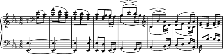 
\relative c' {
 \new PianoStaff <<
  \new Staff {
   \key es \major \time 3/8 \set Score.tempoHideNote = ##t \tempo %{ "Andante." %} 4=33
   r8 %{ ^\markup { \italic { Cantabile e grazioso. } } %} \clef bass <es g,>( <c aes>)
   <aes' c,>( <f c aes> <es bes g>) <es aes, f>( <d aes f> <c aes f>)
   <<
    {
     <c aes f> <bes aes f> bes bes^\< ( es^\> d\! ) \clef treble
     c^\< ( bes'^\> aes\! ) aes4( g16 aes)
    }
   \\
    { s4 g,16( aes) bes4( aes16 bes) c4( d16 es) es8( [ f] bes,16 c) }
   >>
   <g' es>8( [ <f d>] <g es>16 <aes f>)
  }
  \new Staff { \key es \major \time 3/8 \clef bass
   <es, es,>4.~ q~ q4 q8 q[ <d d,>] es,16( f) g4( f16 g) aes4( bes16 c)
   c8( [ d] es16 aes,) << { bes8[ bes'] ~ bes16 aes } \\ { bes,8 s s } >>
  }
 >>
}
