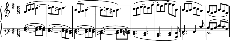 
\relative c'' {
 \new PianoStaff <<
  \new Staff {
   \key g \major \time 6/8 \set Score.tempoHideNote = ##t \tempo %{ "Quasi allegretto." %} 4=99
   g8( b c d4.~ d8 e cis d4.) b8( g a b4.~ b8 c! ais b4.)
   c8( d e~ e d g~ g fis a~ a g b,) b( a b d c a) g( fis g b a fis)
  }
  \new Staff { \key g \major \time 6/8 \clef bass
   <b, g>4.( ~ q8 <c a> <b g>) <a fis>4.( ~ q8 <g e> <fis d>)
   <g e>4.( ~ q8 <a fis> <g e>) <fis dis>4.( ~ q8 <g e> <f d>)
   <e c>4._( <d b> <c a> <d b>4 <d g,>8)
   << { e4. e4 c'8 b( a b d c a) } \\ { c,2. d } >>
  }
 >>
}
