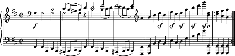 
\relative c {
 \new PianoStaff <<
  \new Staff {
   \key b \minor \time 2/2 \set Score.tempoHideNote = ##t \tempo %{ "Presto." %} 4=250 \partial 4.
   s8 \clef bass fis4 fis2 <b fis>
   << { cis4( b8 ais b4) d d2 fis fis fis4 }
   \\ { fis,2 fis4 d\rest b'2 b4( cis8 d) e4( d8 cis d4) } >> \clef treble fis4
   g b d b e cis d g b d g <d, b> <e c> <fis a,> <g g,> \bar ":|."
  }
  \new Dynamics {
   s8 s4\f s1 s s s s2 s\sf s\sf s\sf s\sf s4\sf s\p
  }
  \new Staff { \key b \minor \time 2/2 \clef bass
   s8 fis,,,4 fis b, d b ais( b8 cis b4) fis' fis b, d b ais( b8 cis b4) <fis' fis,>
   <g g,> b d b e cis d g b d g <g,, g,> <g g,> q q
  }
 >>
}
