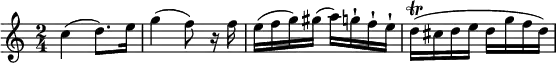 
\relative c'' { \set Staff.midiInstrument = #"violin" \set Score.tempoHideNote = ##t \tempo 4 = 80
  \key c \major
  \time 2/4
  \tempo "Allegretto grazioso"
  c4(d8.) e16 | g4(f8) r16 f | e(f g) gis(a) g-! f-! e-! | d\trill(cis d e d g f d) |
}
