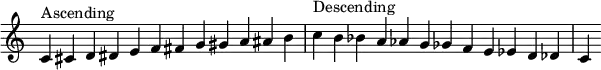 {
\override Score.TimeSignature #'stencil = ##f
\relative c' {
\clef treble \time 12/4
c4^\markup { Ascending } cis d dis e f fis g gis a ais b
c^\markup { Descending } b bes a aes g ges f e es d des c
}
}