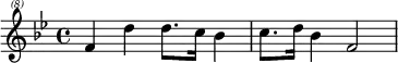 \header{ title = "Interval signal for Voice of Mongolia" }

\relative{
% https://www.intervalsignals.net/sounds/mng-mnr2_100116.mp3
\clef "treble^(8)"
\set Staff.midiInstrument = "vibraphone"
\set midiMaximumVolume = #1.3
\key bes \major
f''4\omit\sustainOn d'4 8. c16 bes4 c8. d16 bes4 f2
}
\midi{\tempo 4 = 50}
