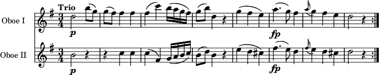 
\layout { indent = 2.0\cm \set Score.tempoHideNote = ##t }
<<
\new Staff \with { instrumentName = "Oboe I" }
  \relative c'' { \set Staff.midiInstrument = "oboe"
     \key g \major
     \tempo "Trio" 4 = 112
     \time 3/4
    d2 \p b'8 (g)
    g (fis) fis4 fis
    fis (c') b16 (a g fis)
    g8 (b) d,4 r4
    g (fis e)
    a4.\fp (g8) fis4
    \grace a16 (g4) fis e
    d2 r4 \bar ":|."
  }
\new Staff \with { instrumentName = "Oboe II"}
  \relative c'' { \set Staff.midiInstrument = "oboe"
    \key g \major
    \time 3/4
   b2\p r4
   r4 c c
   c (fis,) g16 (a b c)
   b8 (d) b4 r4
    e4 (d cis)
    fis4.\fp (e8) d4
     \grace fis16 (e4) d cis
    d2 r4 \bar ":|."
  }
>>
