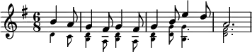 \header{ title = "Ostmarken Rundfunk" }

% https://www.radiomuseum.org/dsp_audio_clip.cfm?audio_id=2447 [caution: recreation]
% https://www.radiomuseum.org/images/audioimages_klein/Reichssender_Koenigsberg.jpg
\relative{
  \key g \major \time 6/8 \partial 4.
  <<
  {b'4 a8 g4 fis8 g4 fis8 g4 b8 e4 d8 a2.}
  \\
  \magnifyMusic 0.7{d,4 c8 <b d>4 a8 <b d>4 a8 <b d>4 <d g>8 <b g'>4. <d fis>2.}
  >>
}
\midi{\tempo 4. = 60}
