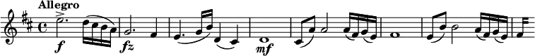  { \relative e'' { \key d \major \time 4/4
\tempo "Allegro"
\tempo 4 = 140
e2.-> \f d16( cis b a) | g2. \fz fis4 | e4.( g16 b) d,4( cis) | d1 \mf |
cis8( a') a2 a16( fis) g( e) | fis1| e8( b') b2 a16( fis) g( e) | \set stemLeftBeamCount = #0 fis16[] s
}} \layout { \context {\Score \override SpacingSpanner.common-shortest-duration = #(ly:make-moment 1/8) }}