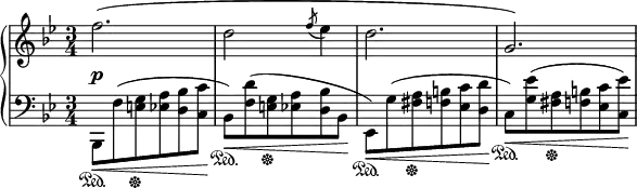 
    {
      \new PianoStaff <<
        \new Staff <<
            \new Voice \relative c'' {
%               \tempo "Cantabile"
                \clef treble \key bes \major \time 3/4
                \override DynamicLineSpanner.staff-padding = #2.5
                f2.\p( d2 \acciaccatura { f8 } es4 d2. g,2.)
                }
            >>
        \new Staff <<
            \relative c, {
                \clef bass \key bes \major \time 3/4
                bes8\<\sustainOn_[ f''^( <e g>\sustainOff <es a> <d bes'> <c c'>]\!
                bes8\<\sustainOn_[) <f' d'>^( <e g>\sustainOff <es a> <d bes'> bes]\!
                es,8\<\sustainOn_[) g'^( <fis a>\sustainOff <f b> <es c'> <d d'>]\!
                c8\<\sustainOn_[) <g' es'>^( <fis a>\sustainOff <f b> <es c'> <c es'>])\!
                }
            >>
    >> }

