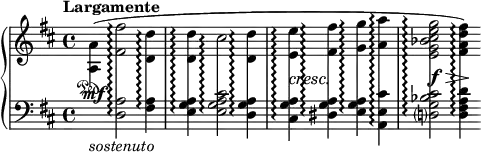 
\layout {
\context {
\PianoStaff \consists "Span_stem_engraver" }
}
{
\new PianoStaff \relative <<
\new Staff <<
\override Score.MetronomeMark.Y-offset = 4.2 \tempo "Largamente"
\key d \major \time 4/4 \tempo 4 = 60 \new Voice = "up" \crossStaff {
\stemDown <a a'>4 \mf \sustainOn( <fis' fis'>2 <d d'>4
<d d'> cis'2 <d, d'>4
\override DynamicTextSpanner.style = #'none \crescTextCresc <e e'>\< <fis fis'> <g g'> <a a'>\!
\partial 4. <e g bes cis e g>2\f \> <fis a d fis>4)\! }
\new Voice = "up arpeg" {
\shiftOff \hideNotes \stemDown s4 <fis fis'>2\arpeggio <d d'>4\arpeggio
<d d'>\arpeggio <cis'>2\arpeggio <d, d'>4\arpeggio
<e e'>\arpeggio <fis fis'>\arpeggio <g g'>\arpeggio <a a'>\arpeggio
<e g bes cis e g>2\arpeggio <fis a d fis>4\arpeggio
} >>
\new Staff << \set PianoStaff.connectArpeggios = ##t \relative c
\key d \major \clef bass
\new Voice = "down" {
s4_\markup{\italic sostenuto} <d, a'>2 <fis a>4
<e g a> <e g a cis>2 <d g a>4
<cis g' a> <dis g a> <e g a> <a, e' cis'>
<d? g bes cis>2 <d fis a d>4 }
\new Voice = "down arpeg" {
\shiftOff \hideNotes s4 <d a'>2\arpeggio <fis a>4\arpeggio
<e g a>\arpeggio <e g a cis>2\arpeggio <d g a>4\arpeggio
<cis g' a>\arpeggio <dis g a>\arpeggio <e g a>\arpeggio <a, e' cis'>\arpeggio
<d g bes cis>2\arpeggio <d fis a d>4\arpeggio}
>> >>
}
