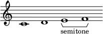 
\new Staff \with { \consists Horizontal_bracket_engraver \remove "Time_signature_engraver" \remove "Bar_engraver" }
\relative c' { 
  c1 d e -\tweak HorizontalBracketText.text "semitone"  \startGroup f\stopGroup}
