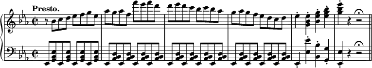 
\relative c'' {
 \new PianoStaff <<
  \new Staff {
   \key es \major \time 2/2 \set Score.tempoHideNote = ##t \tempo "Presto." 4=250
   r8 bes c d es f g es aes g aes f f' es f d
   d es d c bes c bes aes g aes g f es d c d
   es4-. <es bes g>-. <g es bes>-. <bes g es>-. <es bes g>-. r r2\fermata
  }
  \new Staff { \key es \major \time 2/2 \clef bass
   es,,,,8 <es' bes g> es, <es' bes g> es, <es' bes g> es, <es' bes g>
   es, <d' bes aes> es, <d' bes aes> es, <d' bes aes> es, <d' bes aes>
   es, <d' bes aes> es, <d' bes aes> es, <d' bes aes> es, <d' bes aes>
   es, <d' bes aes> es, <d' bes aes> es, <d' bes aes> es, <d' bes aes>
   es,4-. <es'' es,>-. <bes bes,>-. <g g,>-. <es es,>-. r r2\fermata \bar "||"
  }
 >>
}
