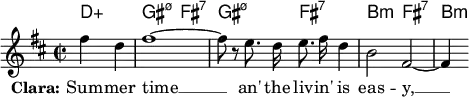 
\header { tagline = ##f }
\layout { indent = 0 ragged-right = ##t ragged-last = ##t \context { \Score \remove "Bar_number_engraver" } }

global = { \key b \minor \time 2/2 \partial 2 \autoBeamOff }

chExceptionMusic = { <d f as c'>1-\markup { m\super \concat { 7 (\teeny\raise #.3 \natural 5) } } }
chExceptions = #(append (sequential-music-to-chord-exceptions chExceptionMusic #t) ignatzekExceptions)
% This ought to show the G# minor chord as "G♯m<sup>7(♮)</sup>", but doesn't
chordNames = \chordmode { \global \set midiInstrument = "string ensemble 1"
  d,2:aug\pp | \set chordNameExceptions = #chExceptions gis,2:min7.5- fis,2:7 |
  gis,:min7.5- fis,:7 | b,:min fis,:7 | b,4:min
}

sopranoVoice = \relative c'' { \global \set Staff.midiInstrument = "flute"
  fis4 d | fis1~ | fis8 r e8. d16 e8. fis16 d4 | b2 fis~ | fis4 }

verse = \lyricmode { \set stanza = "Clara:" Sum -- mer time __ an' the liv -- in' is eas -- y, __ }

\score {
  <<
    \new ChordNames \chordNames
    \sopranoVoice \addlyrics \verse
  >>
  \layout { }
  \midi { \tempo 4 = 75 }
}
