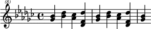 \header{ title = "Hungarian Telephone & Radio" }

% https://www.intervalsignals.net/sounds/hng-z-mtr_budapest2_1942.mp3
\relative{
  \set Score.midiInstrument = "celesta"
  \clef "treble^(8)" \key ges \major
  \repeat unfold 2{<bes'' ges>4 <des bes> <ces as> <des f, des>} <bes ges>4
}
\midi {\tempo 4 = 63}
