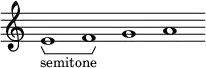
\new Staff \with { \consists Horizontal_bracket_engraver \remove "Time_signature_engraver" \remove "Bar_engraver" }
\relative c' { 
  e1 -\tweak HorizontalBracketText.text "semitone"  \startGroup f\stopGroup g a}
