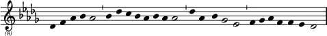 \header{ title = "WEWN" }

% https://www.intervalsignals.net/sounds/usa-wewn_al_181212.mp3
\relative{
  \clef "treble_(8)" \omit Staff.TimeSignature
  \key des \major \cadenzaOn \hide Stem
  des4 f as bes4*5/4 as2*9/8 \bar "'"
  bes4 des c bes as bes as as2*7/4 \bar "'"
  des4*3/2 as4*11/4 bes4*5/4 ges2*9/8 es2*11/8 \bar "'"
  f4 ges as4*5/4 f4*6/4 f4*7/4 es des2*2 s4 \bar "|"
}
\layout{indent=#0 line-width=#120 \context{\Staff \magnifyStaff 0.9}}
\midi{\tempo 2=73 \set Staff.midiInstrument = "choir aahs"}
