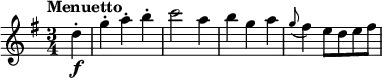 
\layout { \set Score.tempoHideNote = ##t }
\relative c'' {
\key g \major
\time 3/4
\set Staff.midiInstrument = "string ensemble 1"
\tempo "Menuetto"
\tempo 4=120
\partial 4 d4-.\f |
g4-. a4-. b4-. |
c2 a4 |
b4 g4 a4 | \grace g8 (fis4) e8 d e fis |
}
