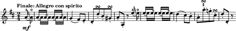  {
  \relative a' {
    \key d \major \time 2/4
    \tempo "Finale: Allegro con spirito"
    \tempo 4 = 140
    \partial 8 <<
      { \voiceOne \slurDown a16^4( \mf s) | a16[( s) \slurUp a]( s) \slurDown a[( s) \slurUp a]( s) }
      \new Voice { \voiceTwo s a16^0 | s16 a[ s a] s a[ s a]}
    >> \oneVoice g4( fis8) e-. | d8-.[ d'-. \turn b-. gis-.] \turn | a8-. a,-. r
    <<
      { \voiceOne \slurDown e''16^4( s) | e16[( s) \slurUp e]( s) \slurDown e[( s) \slurUp e]( s) }
      \new Voice { \voiceTwo s e16^0 | s16 e[ s e] s e[ s e]}
    >> \oneVoice d4( cis8) b-. | a8-.[ a'-. ^\markup { \column { \line { \hspace #0.37 \musicglyph #"scripts.turn" } { \vspace #-0.45 \fontsize #-4 \sharp } } }
    g!-. cis,-.] \turn | d8-. d,-. r
  }
}