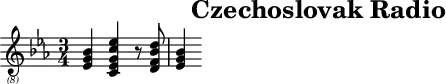 \header{tagline=##f title="Czechoslovak Radio"}
% https://www.intervalsignals.net/sounds/tch-z-csr_praha_210868.mp3
common = {\clef "treble_(8)" \key es \major \time 3/4}
sustainOfn = \sustainOff\sustainOn
mA = {\common 
  <es g bes>4 <c es g c' es'> r8 <d f bes d'> <es g bes>4
}
mB = {\common 
  \grace{es32\sustainOn g}bes4 \grace{c32\sustainOfn es g c'}es'4 r8 \grace{d32\sustainOfn f bes}d'8 \grace{es32\sustainOfn g}bes4
}
\score{\mA}
\score{\mB \midi{\tempo 4 = 50 \set Staff.midiInstrument = "orchestral harp"}}