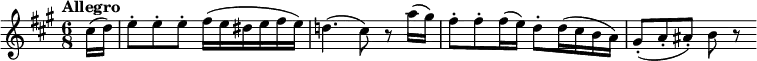 
\new Score {
  \new Staff = "clarinet" {
    \transpose c a
    \relative c' {
      \set Staff.midiInstrument = #"clarinet"
      \clef treble
      \key c \major
      \time 6/8
      \tempo "Allegro"
      \set Score.tempoHideNote = ##t
      \tempo 8 = 240

      \partial 16*2 e16( f) | g8-. g-. g-. a16( g fis g a g) |
      f!4.( e8) r c'16( b) | a8-. a-. a16( g) f8-. f16( e d c) |
      b8-.( c-. cis-.) d r
    }
  }
}
