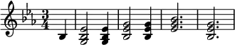 \header{ title = "Bayerischer Rundfunk" }

% https://rias1.de/audiokennung.htm#:~:text=Bayerischer%20Rundfunk,-1963
\relative{
  \set Staff.midiInstrument = "orchestral harp"
  \set midiMaximumVolume = #1.2
  \key es \major \time 3/4 \partial 4 bes4 
  <es bes g>2 4 <g es bes>2 4 <bes g es>2. <g es bes> 
}
\midi{\tempo 4 = 112}
