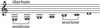 \new Staff \with { \consists Horizontal_bracket_engraver \remove "Time_signature_engraver" \remove "Bar_engraver" }
\relative c {
e1^"išartum" -\tweak HorizontalBracketText.text "semitone" \startGroup f\stopGroup g a b-\tweak HorizontalBracketText.text "semitone"\startGroup c\stopGroup d}
