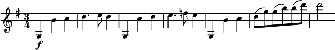 
\relative c' { \set Staff.midiInstrument = "string ensemble 1" \set Score.tempoHideNote = ##t
  \key g \major
  \time 3/4
  \tempo 4 = 130
  g4\f b' c |
  d4. e8 d4 |
  g,,4 c' d |
  e4. f8 e4 |
  g,,4 b' c |
  d8( g) g( b) b( d) |
  d2
}
