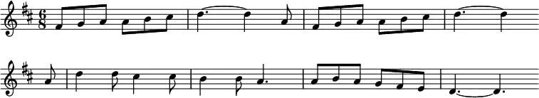 
\new Staff <<
\clef treble \key d \major {
      \time 6/8 \partial 2.
      \relative fis' {
	fis8 g a a b cis | d4.~ d4 a8 | fis8 g a a b cis | d4.~ d4 \bar"" \break
        a8 | d4 d8 cis4 cis8 | b4 b8 a4. | a8 b a g fis e | d4.~ d4. \bar"" \break
      }
    }
%\new Lyrics \lyricmode {Hickory Dickory Dock, The bird looked  at the clock, The clock struck tow, she ran away, Hickory Dickory Dock}
%}
>>
\layout { indent = #0 }
\midi { \tempo 4. = 63 }
