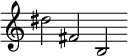 \header{ title = "Westdeutsche Rundfunk" }
{
% https://www.radiomuseum.org/dsp_audio_clip.cfm?audio_id=2421 [caution: recreation]
% https://www.radiomuseum.org/images/audioimages_klein/Pausezeichen_Koeln.jpg
\set Staff.midiInstrument = "celesta"
\omit Staff.TimeSignature
\cadenzaOn
dis''2 fis'2 b2
}