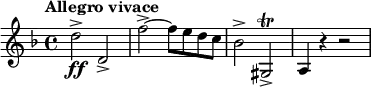 {
\new PianoStaff <<
\new Staff \relative d'' {
\set Staff.midiInstrument = #"trumpet" \key d \minor \clef treble \time 4/4 \set Score.tempoHideNote = ##t \tempo "Allegro vivace" 4 = 160
d2 \ff -> d,2 -> | % 2
f'2 ~ -> f8 e8 d8 c8 | % 3
bes2 -> gis,2 \trill -> | % 4
a4 r4 r2
}
>>
}