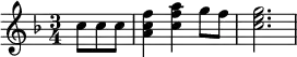 \header{ title = "Saarländischer Rundfunk" }

% https://www.intervalsignals.net/sounds/ger-z-radio_saarbrucken_1950.mp3
\relative{
  \key f \major \time 3/4 \partial 8*3 c''8 c c
  <f c a>4\omit\sustainOn <a f c> g8 f <g e c>2.\omit\sustainOff
}
\midi{\tempo 4=54 \set Staff.midiInstrument = "vibraphone"}
