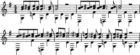 \header { tagline = ##f }
\paper { paper-width = 140\mm }
global = { \key g \major \numericTimeSignature \time 4/4 }
upper = \relative c'' { \global
<d b>8 <dis b> <e b> <dis b> <e b>4. <dis b>8 | <e b>2 r2 |
<d c>8 <dis c> <e c> <dis c> <e c>4. <dis c>8 | <e c>2 r2 |
<d c>8 <dis c> <e c> <dis c> <e c>4. <eis c>8 | <fis c> <eis c> <fis c>2 <eis? c>4 |
<e! b>4. <dis b>8 <e b>4. <dis b>8 | <e b> <dis b> <e b>4 r2 |
}
lower = \relative c' { \global
g4 d'! g, d' | g,4 d' g, d' | d, fis' d,! fis' | d, fis' d, fis' |
d, fis' d,! fis' | d, d' d, d' | g, d' g, d'! | g, d'! g, d' |
}
\score { \new Staff \with { midiInstrument = "orchestral harp" }
<< \upper \\ \lower >>
\layout { indent = 0 \context { \Score \remove "Bar_number_engraver" } }
\midi { \tempo 4=112 }
}