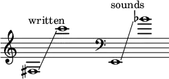 
    {
      \new Staff \with { \remove "Time_signature_engraver" }
      \clef treble \key c \major ^ \markup "written" \cadenzaOn
      fis1 \glissando c'''1 \hide r4
      \clef bass ^ \markup "sounds" e,1 \glissando bes'1
    }
  