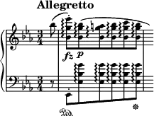 
\new PianoStaff <<
\new Staff = "Up" \with { \magnifyStaff #3/4 } <<
\new Voice \relative c' {
\clef treble
\tempo "Allegretto"
\set Score.tempoHideNote = ##t \tempo 4 = 76

\time 3/4
\key ees \major
\partial 8
bes''8 (<bes, g' ees'>-. \arpeggio \fz) <bes g' bes> \arpeggio \p (<bes g' a> \arpeggio <bes g' bes> \arpeggio <bes g' c> \arpeggio <bes g' bes> \arpeggio \hide r16)
}
>>
\new Staff = "Down" \with { \magnifyStaff #3/4 } <<
\new Voice \relative c{
\clef bass
\key ees \major
r8 ees,-. \sustainOn <ees' bes' g'> \arpeggio <ees bes' g'> \arpeggio <ees bes' g'> \arpeggio <ees bes' g'> \arpeggio <ees bes' g'> \arpeggio \sustainOff s16
}
>>
>>
