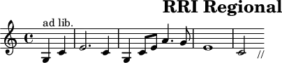 \header{tagline=##f title="RRI Regional"}
% https://www.intervalsignals.net/sounds/ins-rri2_banda_aceh_150915.mp3
common = {\partial 2}
\score{
  \relative{\common g4^"ad lib." c e2. c4 g c8 e a4. g8 e1 c2 s8_"//"}
}
\score{
<<
\relative{
  \set Staff.midiInstrument = "electric guitar (jazz)"
  \common g4 <c e,>
  <e g,>4. 4 4 <c e,>8 <g e>8. <c e,>8. <e b>8 <a f>4. <g e>8
  <e c>4. <e g,>4 4 <c e,>8~ 8 4 
}
\new Staff \relative{
  \set Staff.midiInstrument = "acoustic guitar (nylon)"
  \clef "treble_(8)"
  \common r2
  <<{
    \repeat unfold 12{<e' c'>8} <a f'>8 8 8 8 \repeat unfold 11{<e c'>}
  }\\{
    c,2 g c f4 a, c2 g c
  }>>
}
>>
\midi{\tempo 4=88}
}
