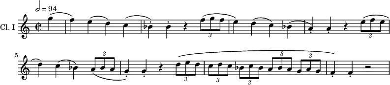 
\new Staff \with {
  instrumentName = "Cl. I "
} 
\relative c''' { 
  \transpose bes c'
  \set Staff.midiInstrument = #"clarinet"
  \key c \major
  \time 2/2
  \tempo 2 = 94
  \partial4 g4( f) e( d) c( bes-.) bes-. r4 \tuplet 3/2 { f'8( g f } e4) d( c) bes( a-.) a-.
  r4 \tuplet 3/2 { e'8( f e } d4) c( bes) \tuplet 3/2 { a8( bes a } g4-.) g-.
  r4 \tuplet 3/2 { d'8( e d } \tuplet 3/2 { [c8 d c] } \tuplet 3/2 { bes c bes } 
  \tuplet 3/2 { [a bes a] }   \tuplet 3/2 { g a g } f4-.) f-.\stopTextSpan r2
}
