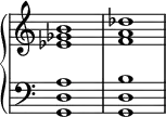 

\new PianoStaff <<
  \new Staff = "treble" {
    \relative c' {
      \clef treble \omit Staff.TimeSignature
      \override Stem.transparent = ##t
      <ees ges b>1
      <f a des>1
    }
  }
  \new Staff = "bass" {
    \relative c {
      \clef bass \omit Staff.TimeSignature
      \override Stem.transparent = ##t
      <g d' a'>1
      <g d' b'>1
    }
  }
>>
