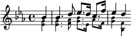 \header{ title = "Südwestfunk" }

% https://www.intervalsignals.net/sounds/ger-z-swf1_1974.mp3
\relative{
  \omit Staff.Script
  \key es \major \partial 4
  <<{
  bes'4-_
  4. d8 es8. d16 c8. f16 es4 d
  } \\ \magnifyMusic 0.7{
  <g, es>4-_
  4. <as f>8 <bes g>8. es,16 as8. f16 <bes g>4 <f bes,>
  }>>
}
\midi{\tempo 4 = 72}
