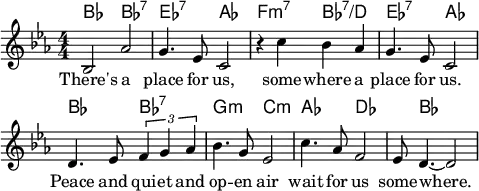 \header { tagline = ##f }
\paper { paper-width = 130\mm left-margin = 5 right-margin = 5 }
\layout { indent = 0 \context { \Score \remove "Bar_number_engraver" } }
global = { \key es \major \numericTimeSignature \time 4/4 }
chordNames = \chordmode { \global \set chordChanges = ##t \set midiInstrument = "string ensemble 1"
bes2\ppp bes:7 | es:7 as|
f:m7 bes:7/d | es:7 as |
bes bes:7 | g:m c:m |
as des | s8 bes4.\pppp ~ bes2 |
}
sopranoVoice = \relative c' { \global
bes2 as' | g4. es8 c2 |
r4 c'4 bes as | g4. es8 c2 |
d4. es8 \tuplet 3/2 { f4 g as } | bes4. g8 es2 |
c'4. as8 f2 | es8 d4.~ d2 |
}
verse = \lyricmode {
There's a place for us,
some -- where a place for us.
Peace and qui -- et and op -- en air
wait for us some -- where.
}
\score {
<<
\new ChordNames \chordNames
\new Staff \with { midiInstrument = "flute" }
\sopranoVoice
\addlyrics { \verse }
>>
\layout { }
\midi { \tempo 4=84 }
}