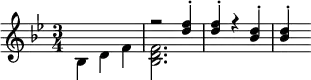 \header{ title = "Radio Österreich International" }

% https://www.intervalsignals.net/sounds/aut-z-orf_c1975.mp3
{
  \key bes \major \time 3/4 
  \voices 2,1<<{
    \set midiInstrument = "french horn"
    \set midiMaximumVolume = #1.0
    bes d' f'
    <bes d' f'>2.*7/3
  }\\{
    \set midiInstrument = "clarinet"
    \set midiMaximumVolume = #0.6
    s2. r2 <d'' f''>4-. 4-. r4 <bes' d''>4-. 4-. s8
  }>>
}
\midi{ 
  \context{\Staff \remove "Staff_performer"}
  \context{\Voice \consists "Staff_performer"}
  \tempo 4 = 114
}
