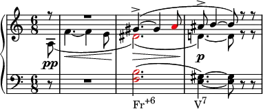 {
\new PianoStaff <<
\new Staff <<
\new Voice \relative c'' {
\clef treble \key a \minor \time 6/8
\voiceOne \partial8 r8 R2. gis4.->(~ gis4 \once \override NoteHead.color = #red a8 ais8-> b4~ b8) r r
}
\new Voice \relative c' {
\voiceTwo \partial8 a\pp\breakDynamicSpan( f'4.~\< f4 e8 \once \override NoteHead.color = #red dis2.)(\> d!4.)~\p d8 r r
}
>>
\new Staff <<
\relative c {
\clef bass \key a \minor \time 6/8
\partial8 r8 R2. \once \override NoteHead.color = #red <f b>2.(_\markup { \concat { "Fr" \raise #1 \small "+6" \hspace #8 "V" \raise #1 \small "7" } } <e gis>4.)~ <e gis>8 r r
}
>>
>> }