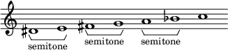 \new Staff \with { \consists Horizontal_bracket_engraver \remove "Time_signature_engraver" \remove "Bar_engraver" }
\relative c' {
dis1-\tweak HorizontalBracketText.text "semitone" \startGroup e\stopGroup fis-\tweak HorizontalBracketText.text "semitone"\startGroup g\stopGroup a-\tweak HorizontalBracketText.text "semitone"\startGroup bes\stopGroup c }